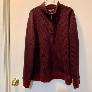Land End 100% Cotton Burgundy & Navy Quarter Zip Long Sleeve Shirt Size XL 46-48